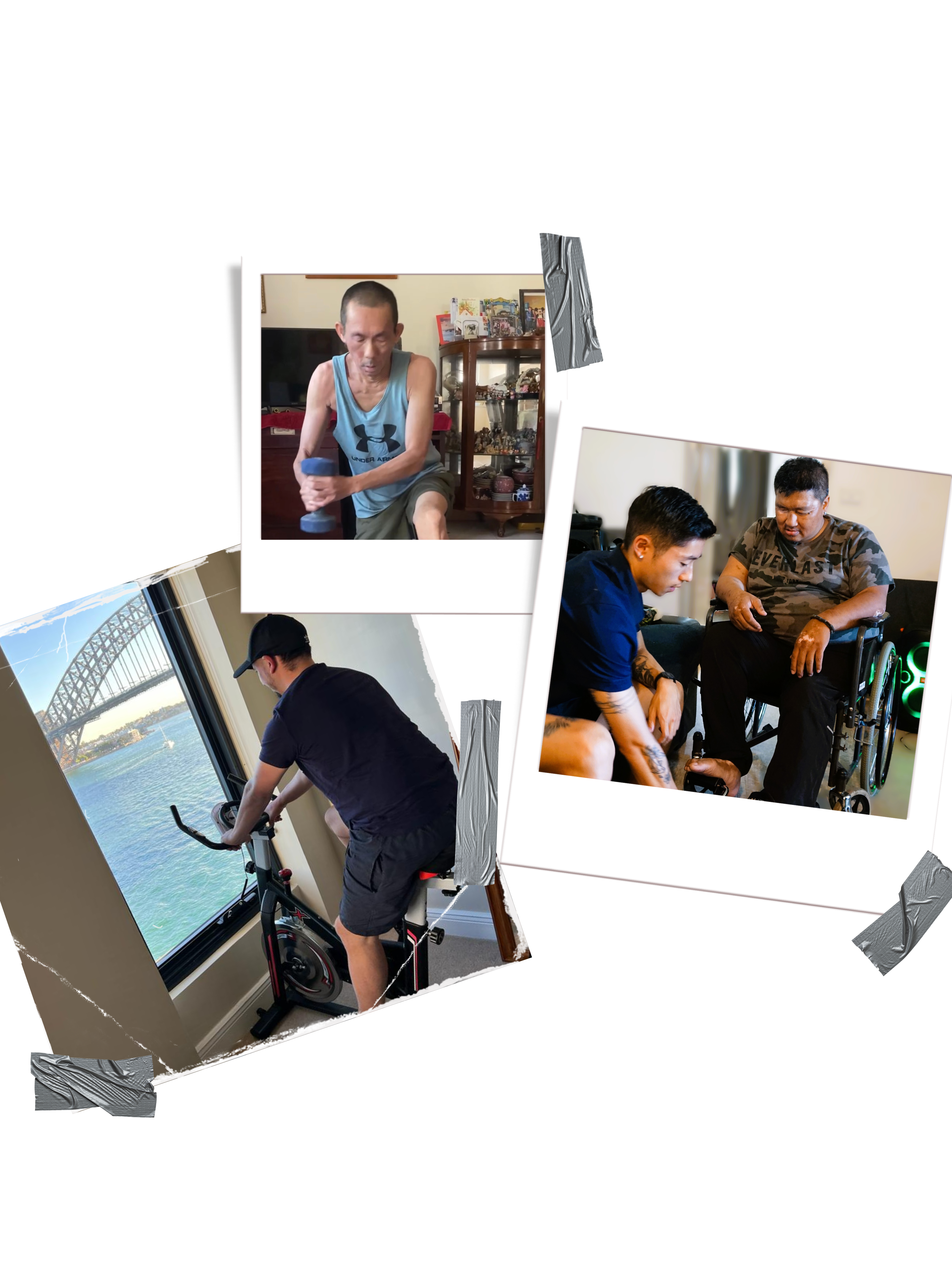 Collage of NDIS physiotherapy services including home visits, hydrotherapy, and mobility support across age groups