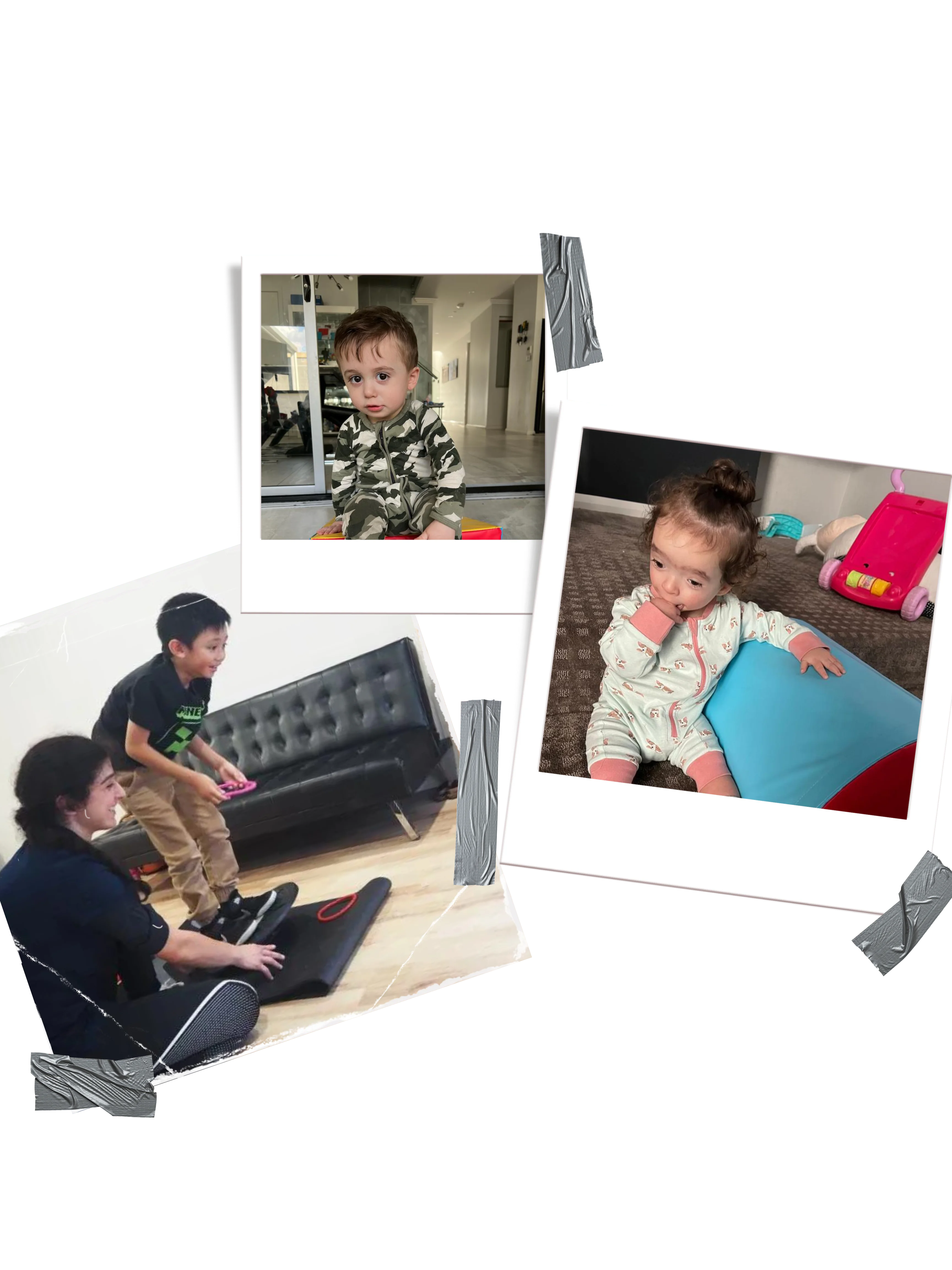 Collage of paediatric mobile physiotherapy home visits showing children engaged in guided rehab exercises