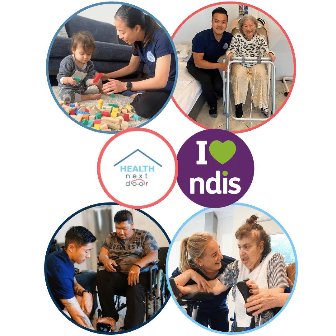 Collage of NDIS mobile physiotherapy services including aged care, paediatric support, and hydrotherapy sessions