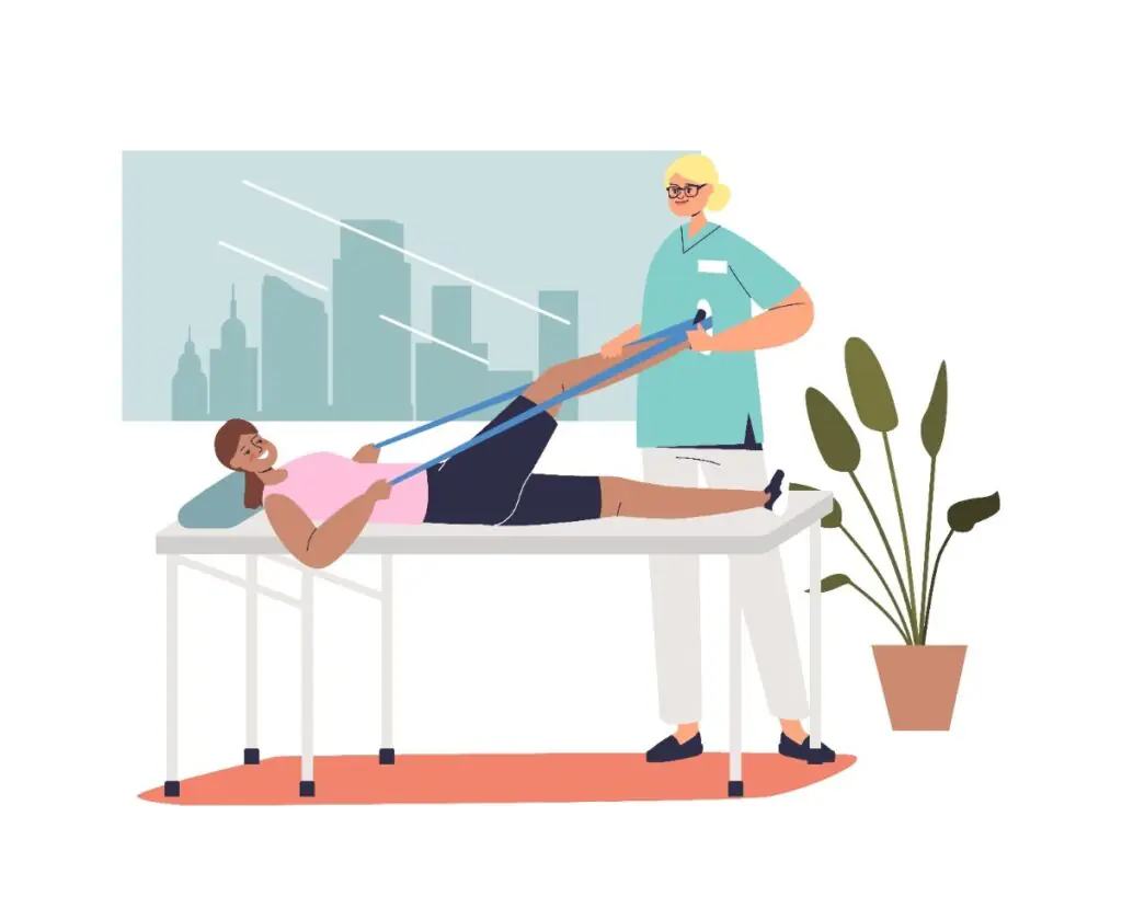 Illustration of a physiotherapist providing in-home rehabilitation, representing mobile physiotherapy services in Sydney for NDIS participants