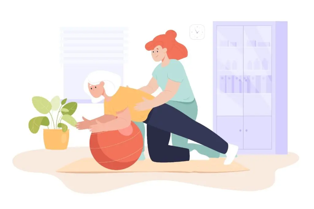 young woman helping old patient during physical therapy