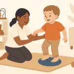 Illustration of a female paediatric physiotherapist supporting a young boy during a home therapy session. The child is barefoot, balancing on a textured blue disc, while the therapist kneels beside him on a beige mat in a calm, softly lit living room. A teddy bear, shelf, and indoor plant decorate the space.