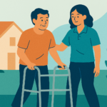 A flat-style digital illustration of a female physiotherapist supporting an elderly man using a walker outdoors. They are standing in front of a suburban house with greenery, set against a calm blue and green background.