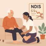 Health next door mobile physiotherapy illustration of NDIS funding cuts which impact mobile NDIS physiotherapy, support coordinators, and more.