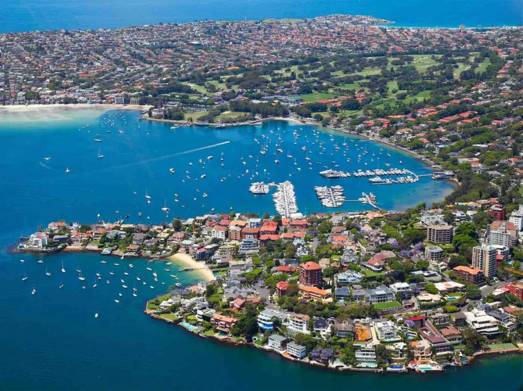 Aerial view of Point Piper and Rose Bay, showing waterfront homes and marina access — a prime area for discreet and high-quality in-home physiotherapy services.