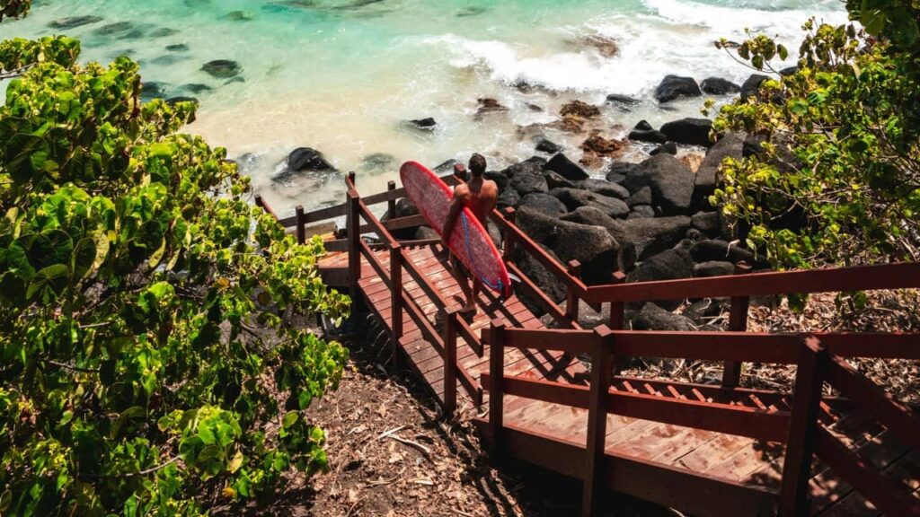 Surfer walking down timber stairs to the beach on the southern Gold Coast—representing active coastal lifestyles supported by mobile physiotherapy services in the region.