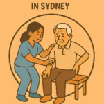 A flat-style digital illustration features a female physiotherapist assisting an elderly man seated on a wooden bench, enclosed in a circular frame with the text "Mobile Physiotherapy in Sydney" above. The artwork uses warm, muted colors and clean outlines to convey accessible in-home care.