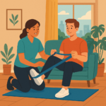 A flat-style digital illustration of a female physiotherapist helping a young man with a resistance band exercise in his living room. She kneels on a blue mat while he sits on a teal sofa. The room is decorated with indoor plants, a framed picture, and a large window showing a city skyline.