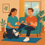 A flat-style digital illustration of a female physiotherapist helping a young man with a resistance band exercise in his living room. She kneels on a blue mat while he sits on a teal sofa. The room is decorated with indoor plants, a framed picture, and a large window showing a city skyline.