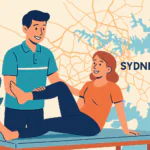 A flat-style digital illustration depicts a young physiotherapist helping a smiling woman on a treatment table inside a cozy home. Behind them is a stylized map of Sydney in muted yellow, with blue waterways, showing the local context of mobile physiotherapy. A potted plant and warm color tones create a welcoming atmosphere.