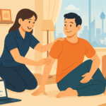 Mobile physiotherapist helping a client with back pain at home in Sydney, showing at-home exercises in a relaxed setting.