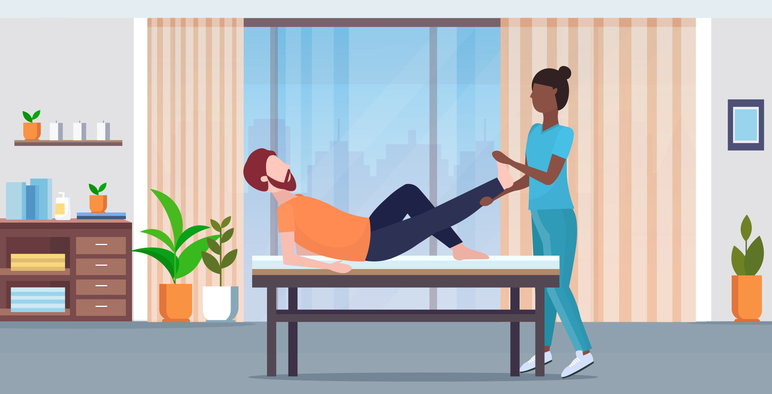 guy lying on massage bed african american masseuse doing healing treatment massaging patient injured leg manual sport physical therapy concept modern clinic room interior full length horizontal