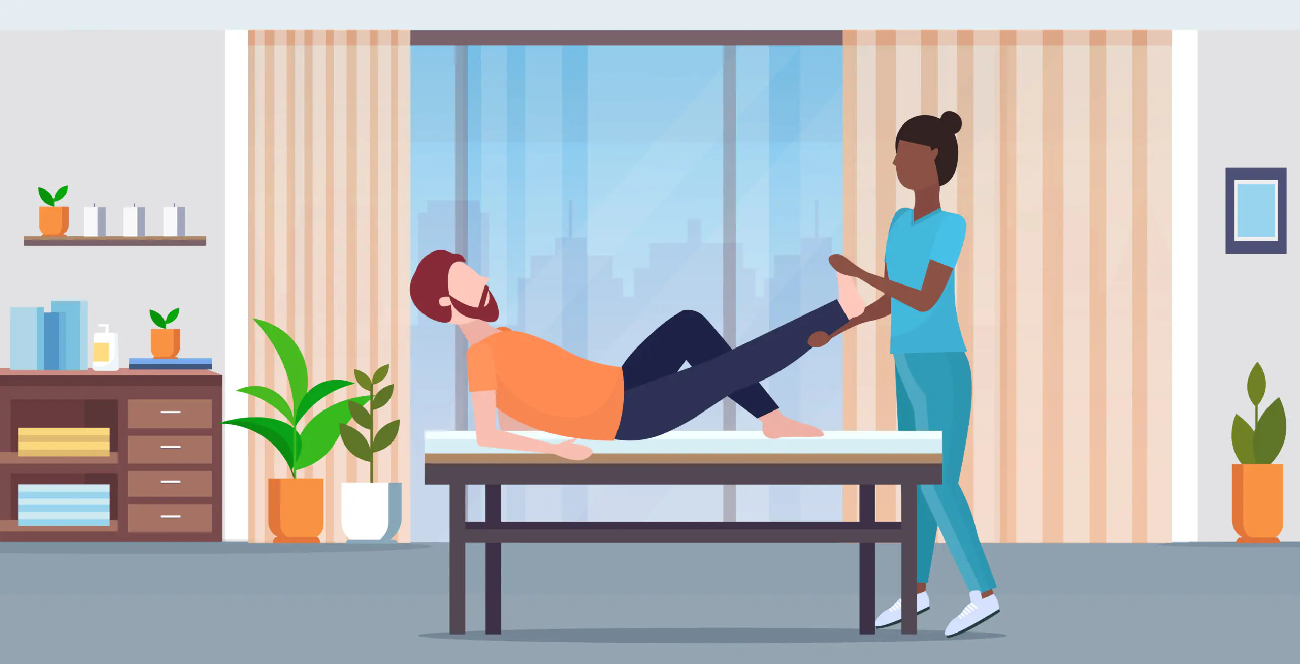 guy lying on massage bed african american masseuse doing healing treatment massaging patient injured leg manual sport physical therapy concept modern clinic room interior full length horizontal