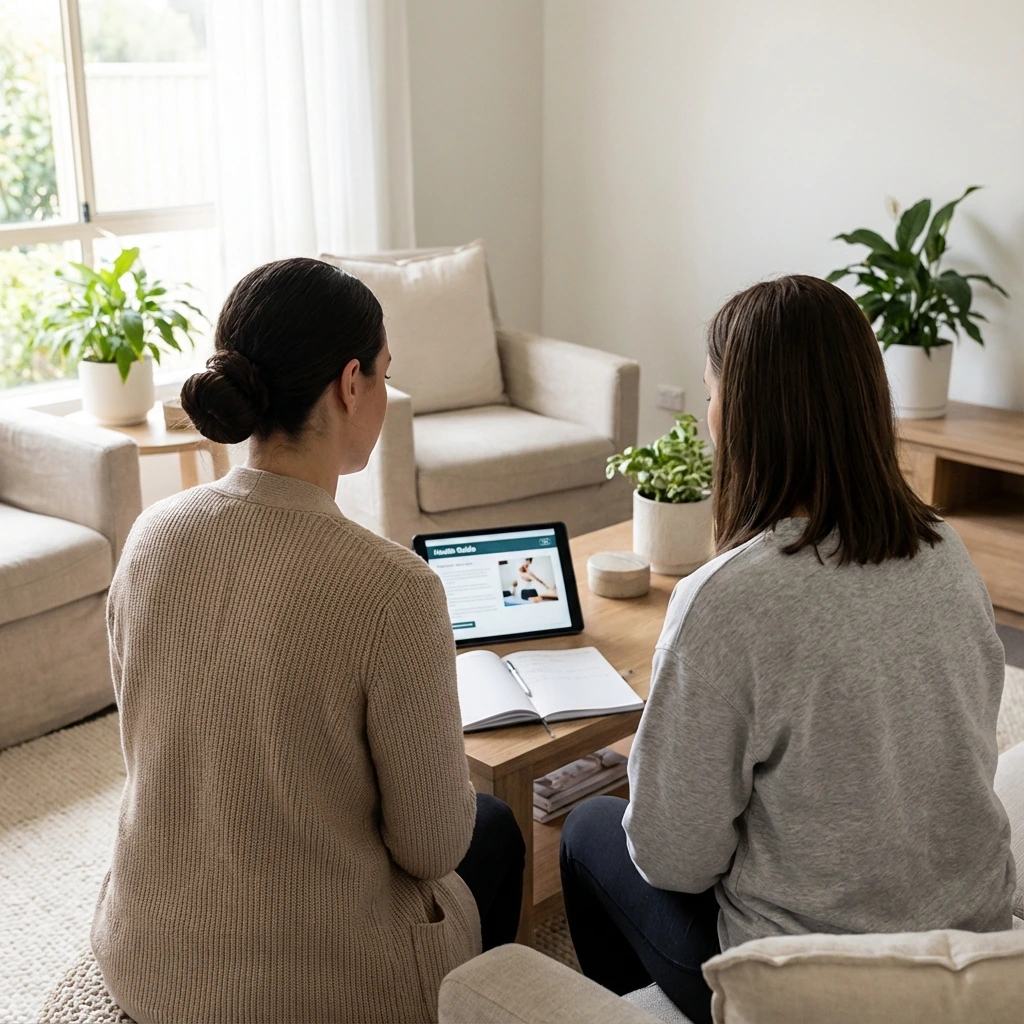 Professional female physiotherapist conducting a consultation with a patient in a comfortable home setting, discussing pelvic health in a private, relaxed environment