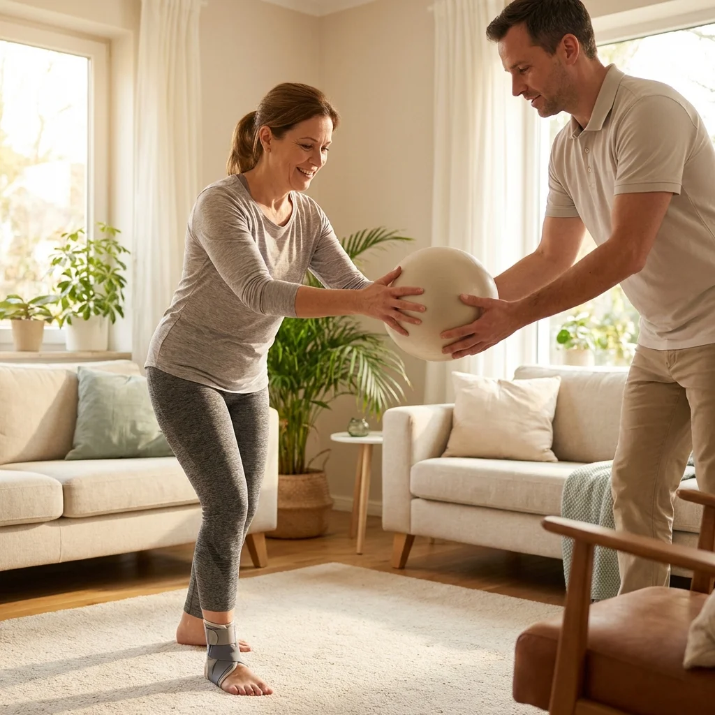 A person with MS engaging in guided balance exercises at home with a physiotherapist, showing positive engagement and supported movement