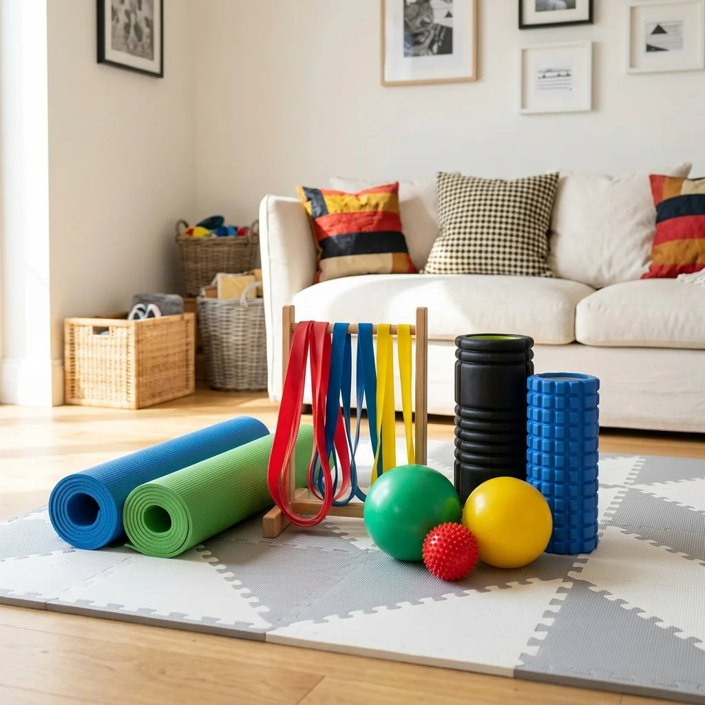 A set of colourful physiotherapy equipment arranged on a soft play mat in a bright home living room. Resistance bands, foam rollers, and therapy balls visible. Warm, welcoming, professional setting