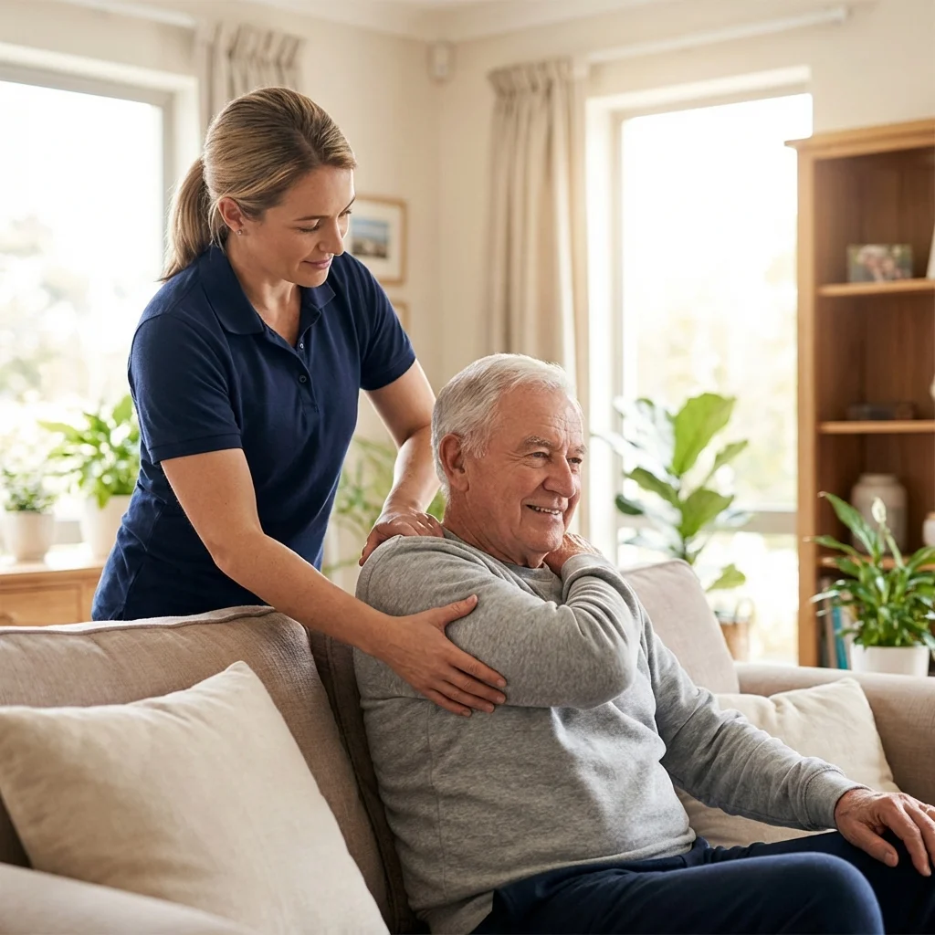 Warm, professional image of a physiotherapist working with a patient in a comfortable home setting, conveying trust and expert care