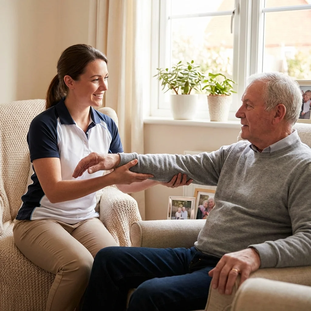 physiotherapist home visit elderly patient arthritis gentle exercise