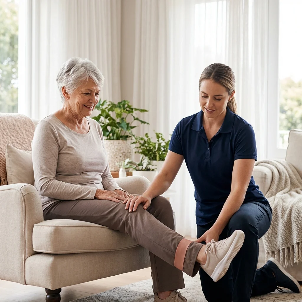 senior woman physiotherapy home exercises arthritis knees living room