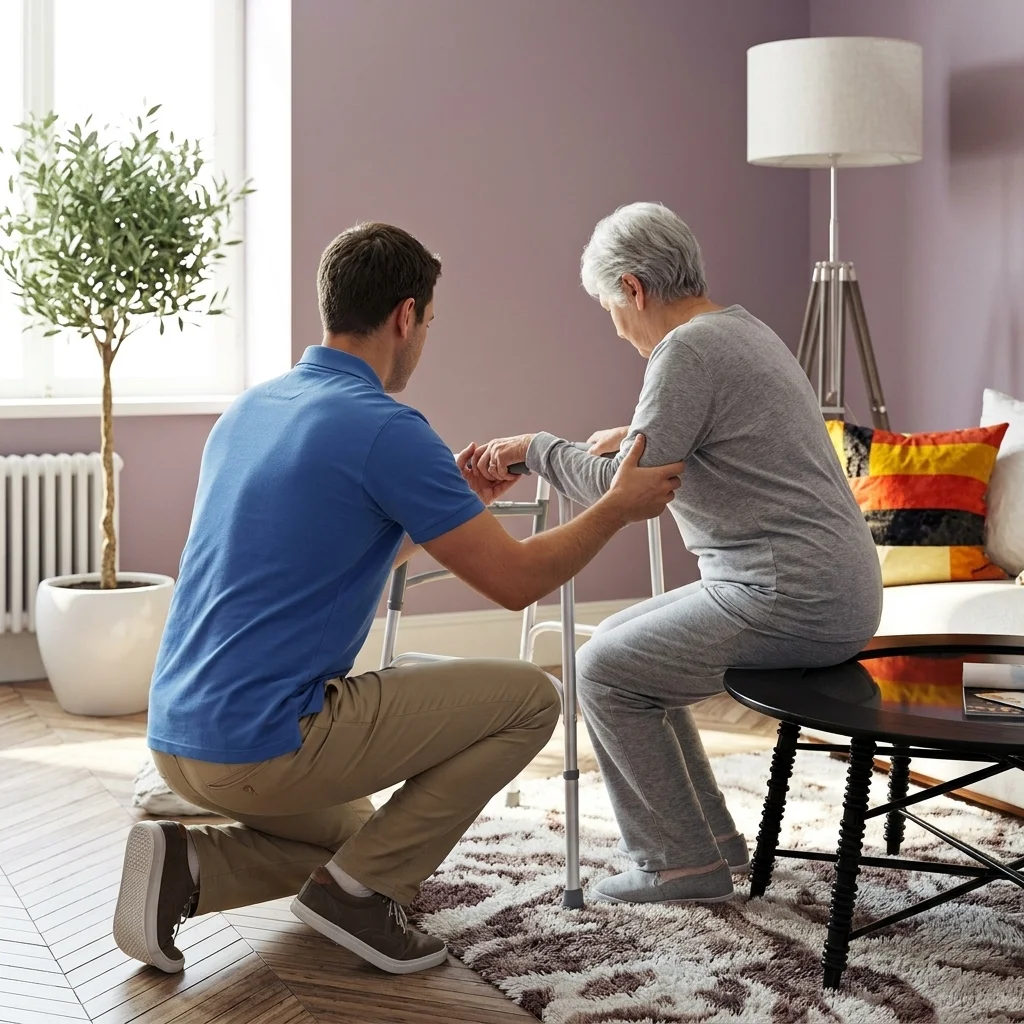 A physiotherapist assisting a patient at home (elderly or recovery setting)