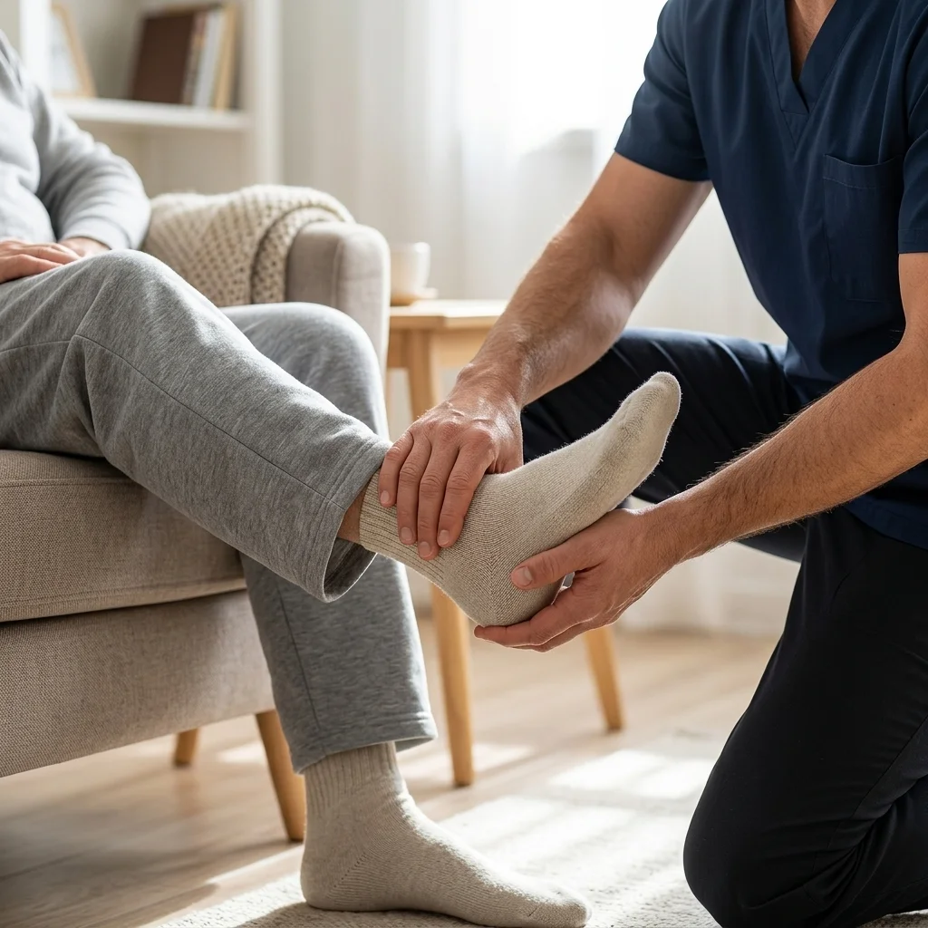 A physiotherapist carefully assessing and mobilising an elderly patient's ankle in a home setting, with the patient seated comfortably. Natural home lighting