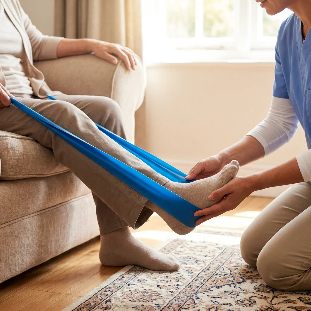 A physiotherapist guiding an older patient through gentle ankle strengthening exercises using a resistance band, in a living room setting